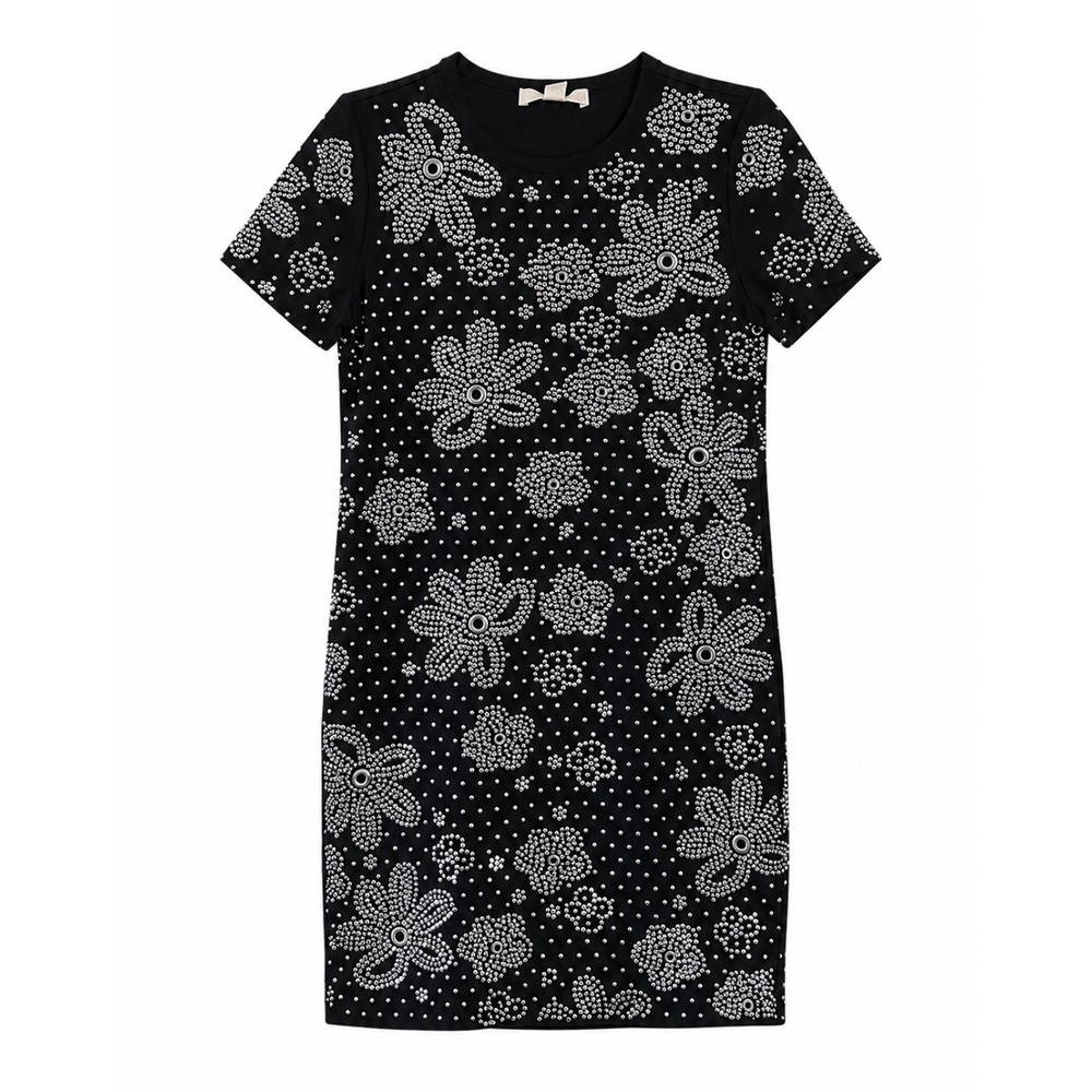 Michael Kors Rhinestone Floral Mini Dress XS Black‎ Silver Studded Bodycon Y2K